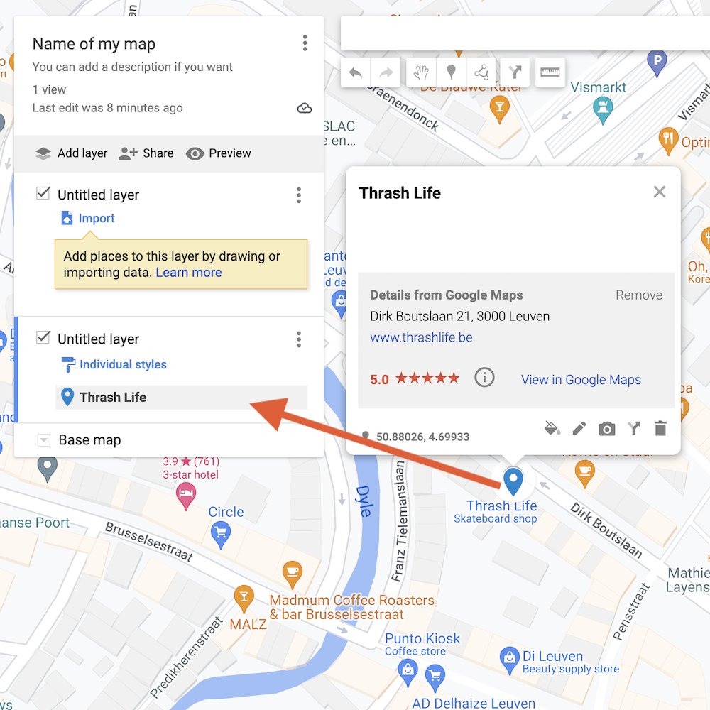 Google My Maps place added to map