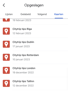 Google Maps app Opgeslagen kaarten