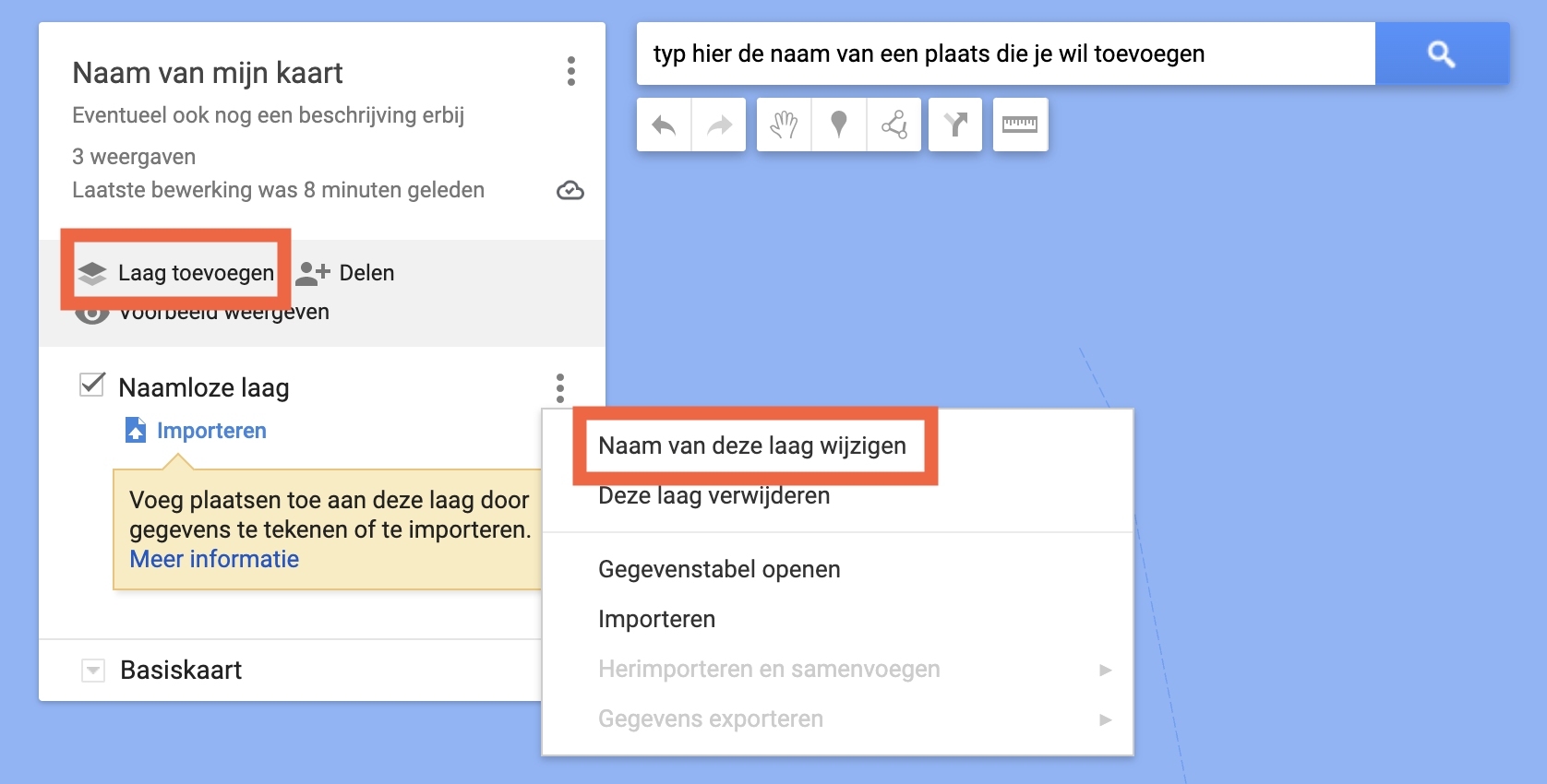 Google My Maps laag toevoegen en naam wijzigen